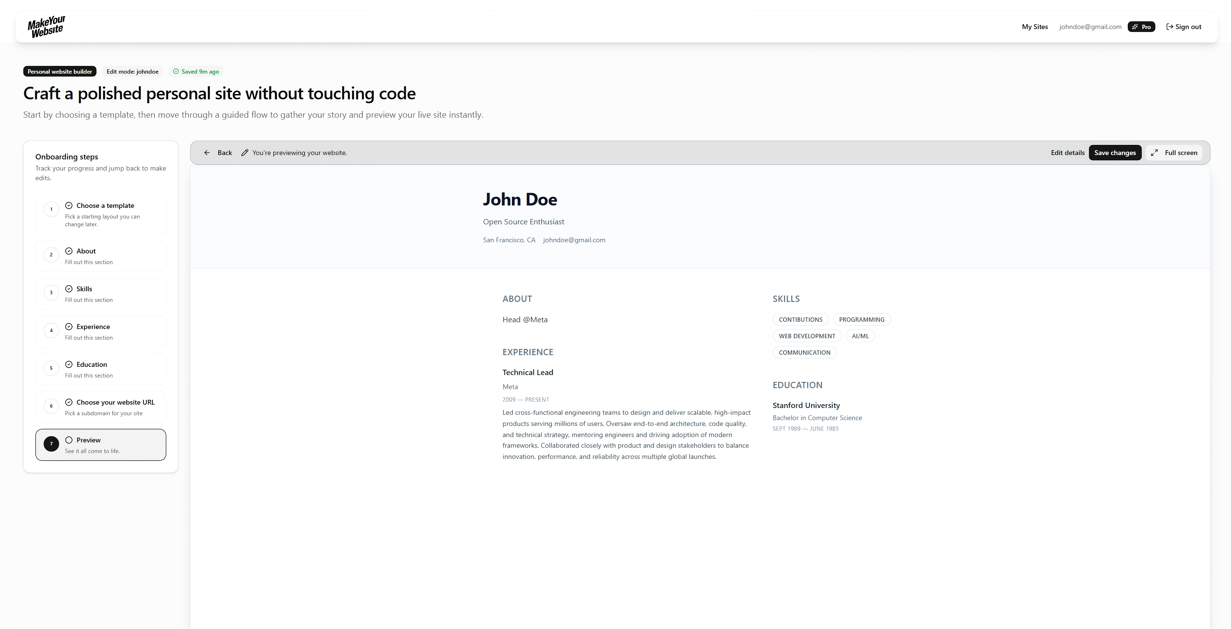 Website builder interface